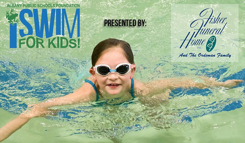 Child Swimming with iSwim for Kids and Fisher Funeral Home logos